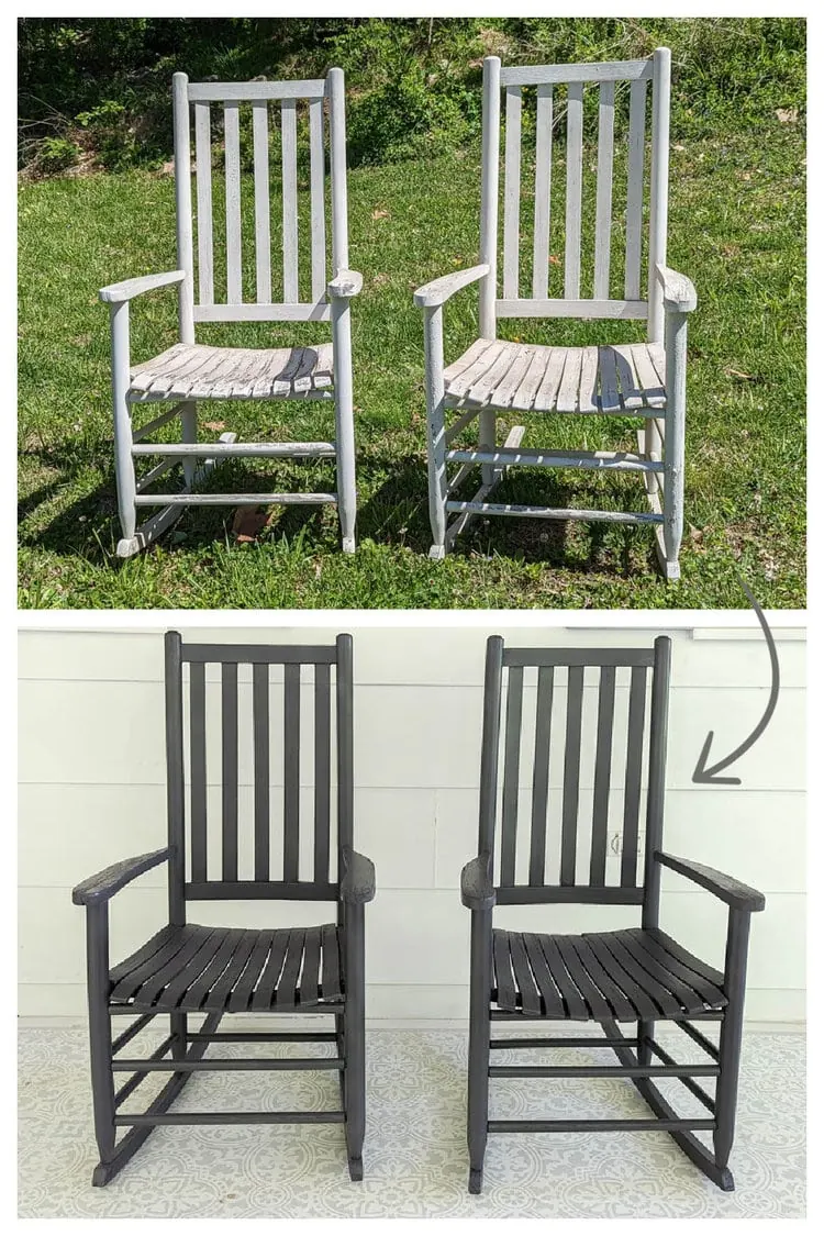rocking chairs before and after being painted with Rustoleum Painter's Touch charcoal gray spray paint.