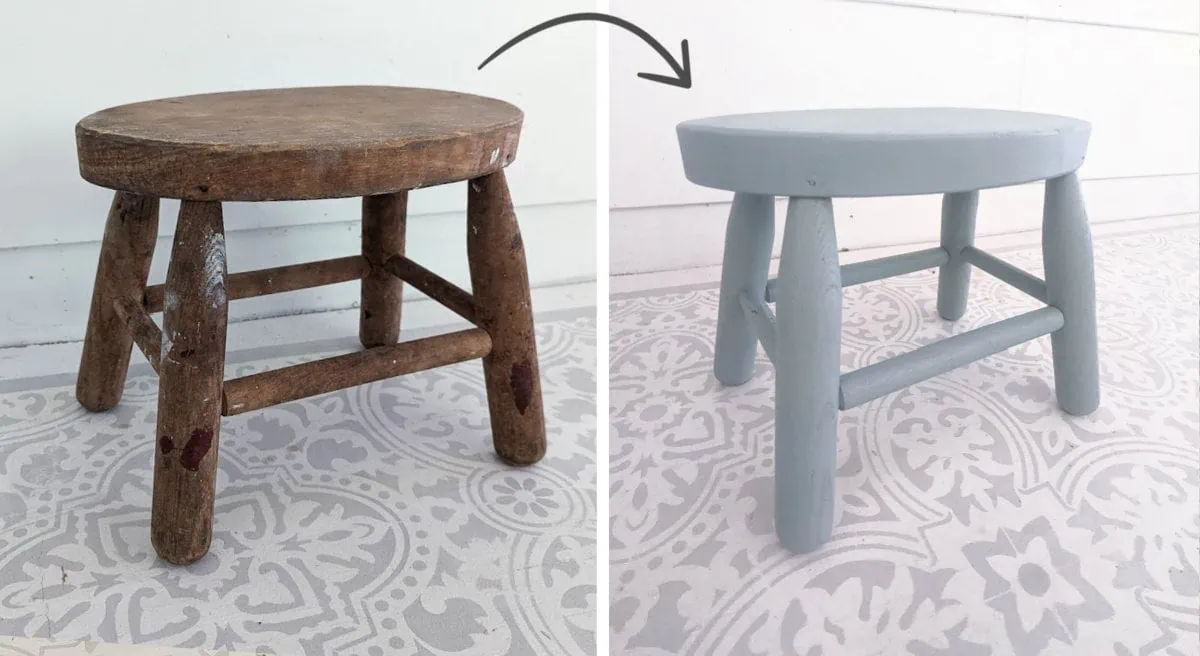 wooden stool before and after painting with General Finishes milk paint in persian blue.