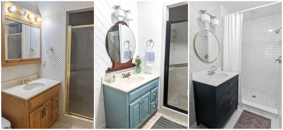 small bathroom before, after quick redo, and after full renovation.