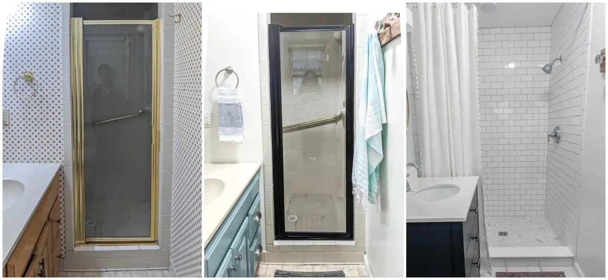 walk-in shower before, after quick redo, and after full renovation.