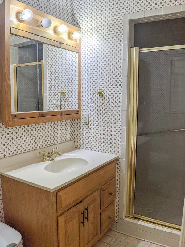 master bathroom before with busy wallpaper, huge medicine cabinet, and tiny gold shower door.
