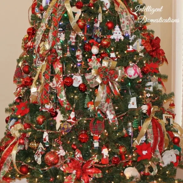 Christmas tree with large bows made from various colorful ribbons.