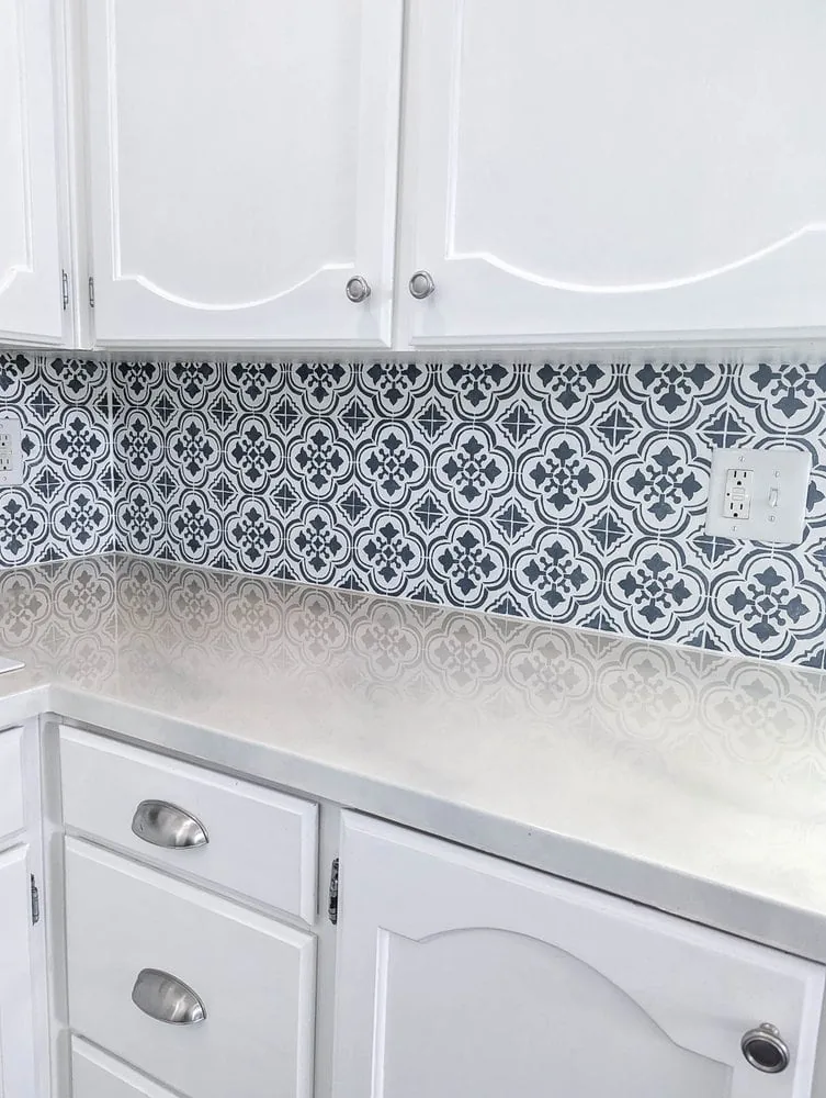 stenciled backsplash, four years later.