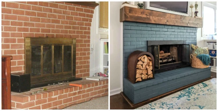 before and after of brick fireplace with red brick that was then painted blue.