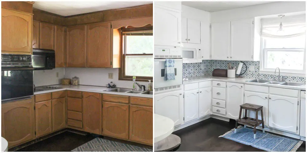 before and after of oak cabinets painted white.