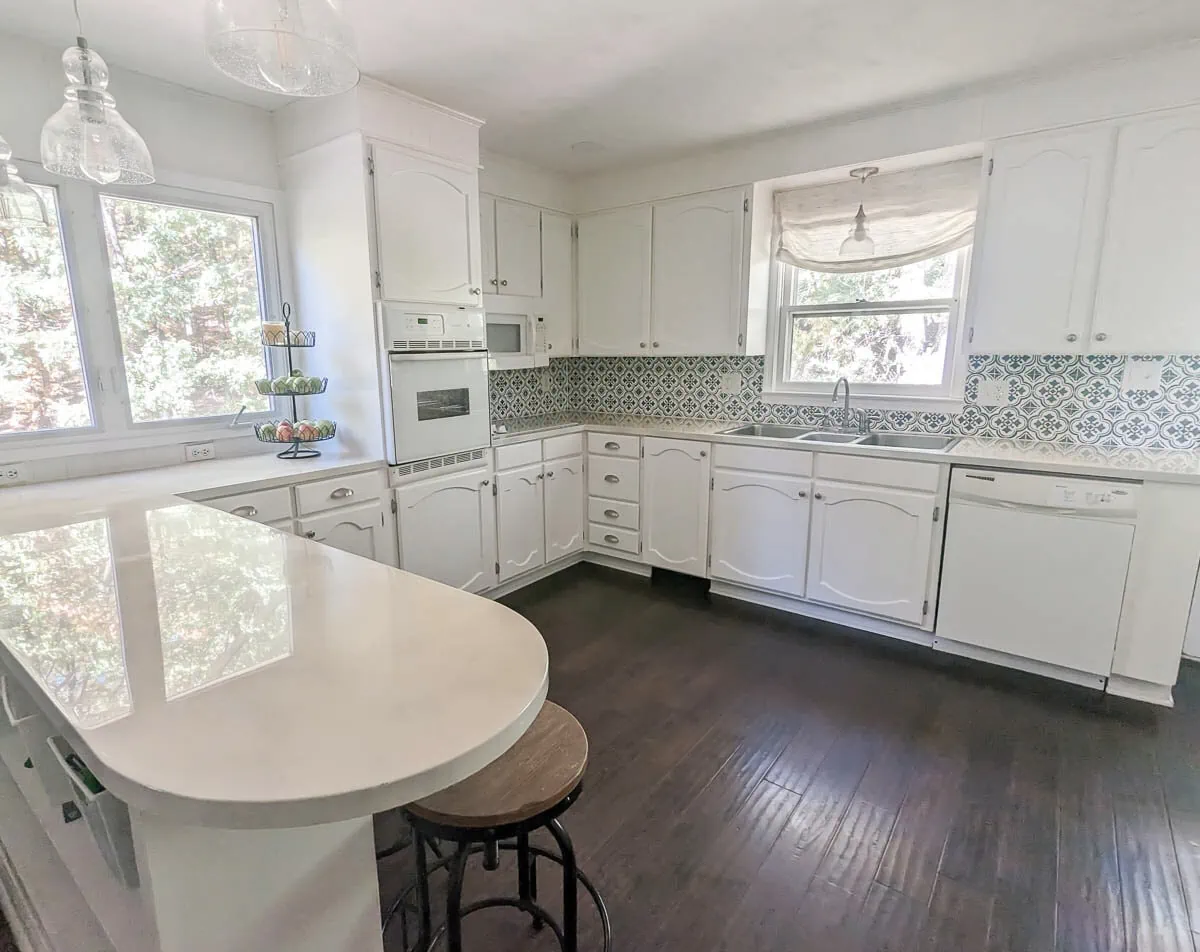 kitchen with painted countertops, now, seven years later.