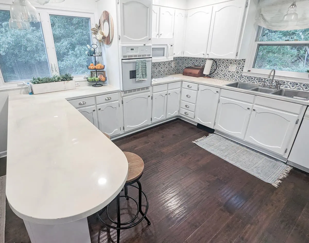 kitchen with painted laminate countertops.