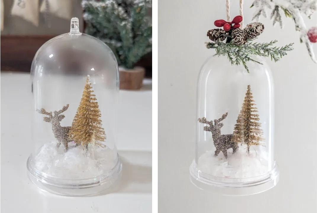 plain cloche ornament and cloche ornament with tiny branches and pinecones attached to the top.