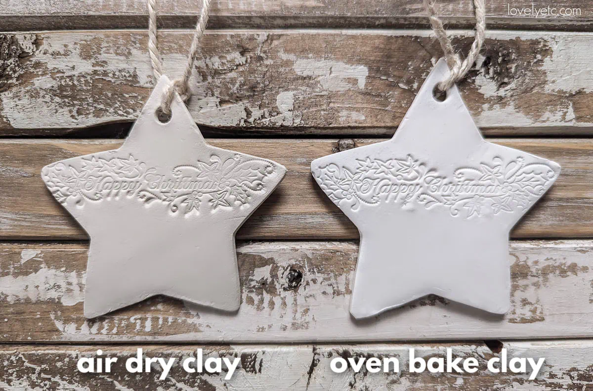 an air dry clay ornament next to a brighter white over bake clay ornament.