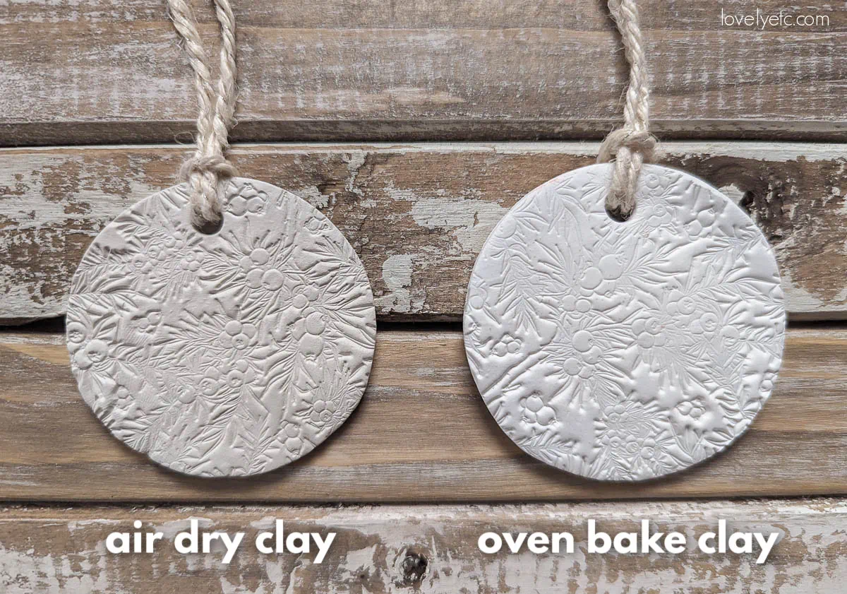 an off white air dry clay ornament next to a bright white oven bake clay ornament.