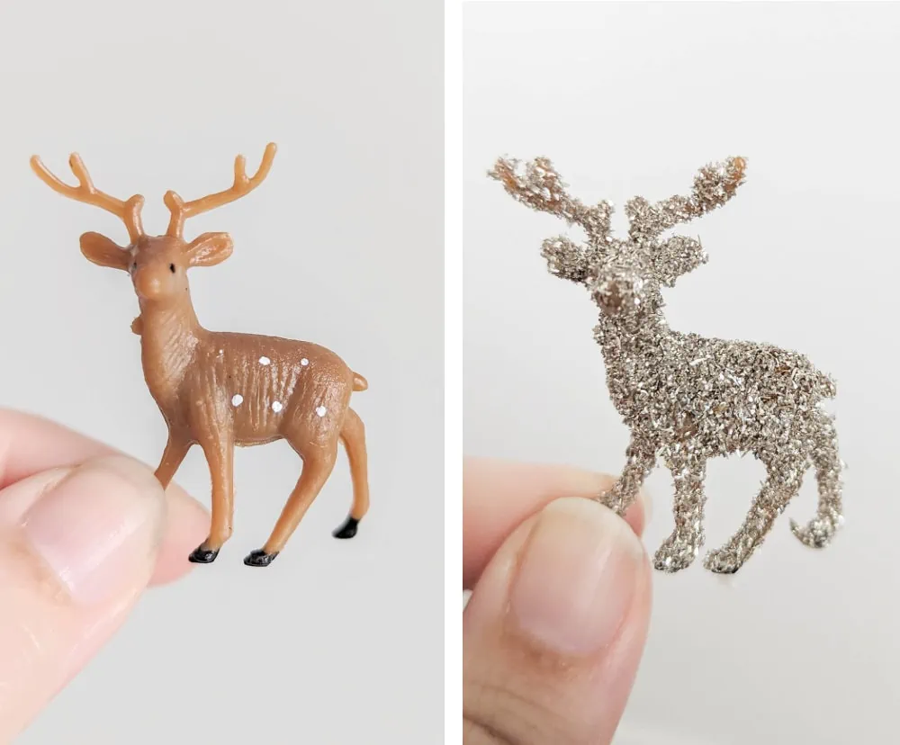 tiny plastic deer before and after glitter.