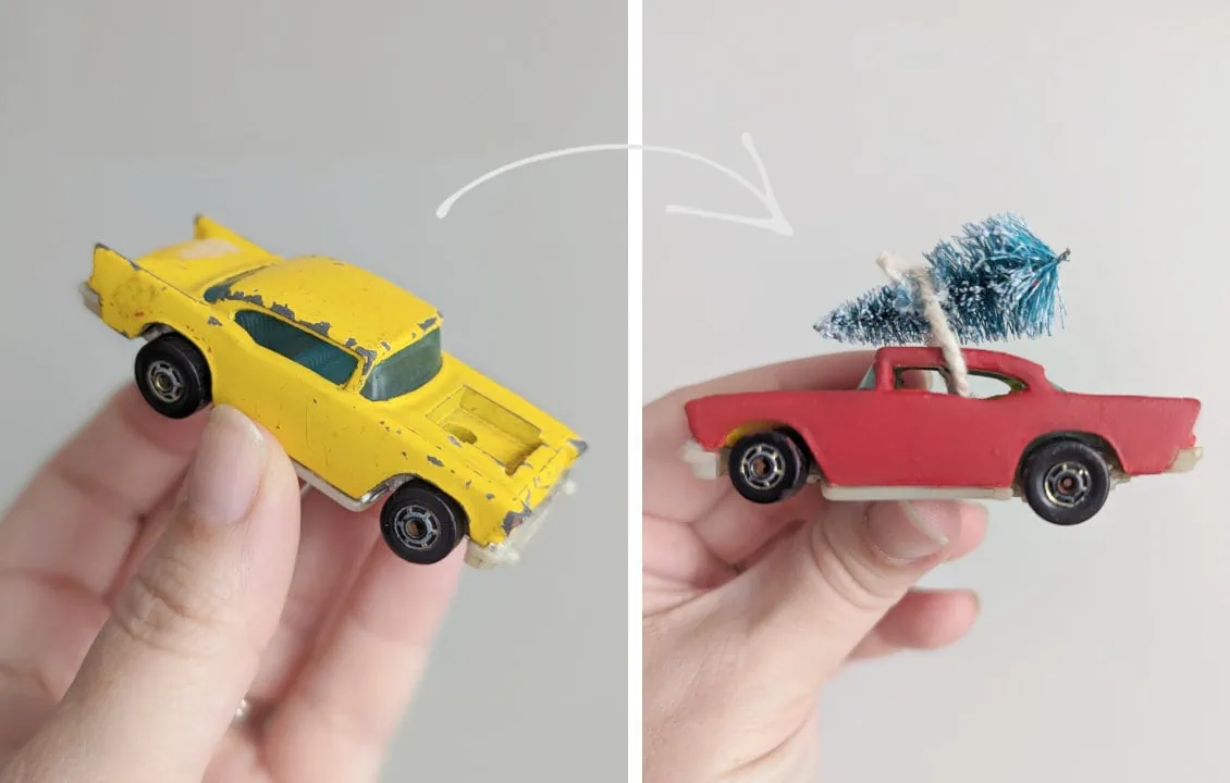yellow toy car before and after being painted red.