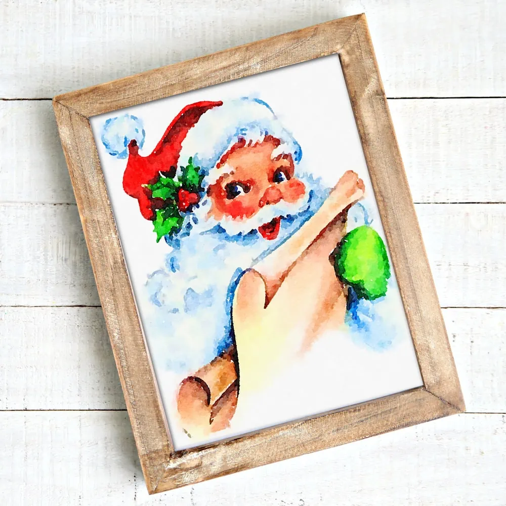 watercolor Santa with list in frame.