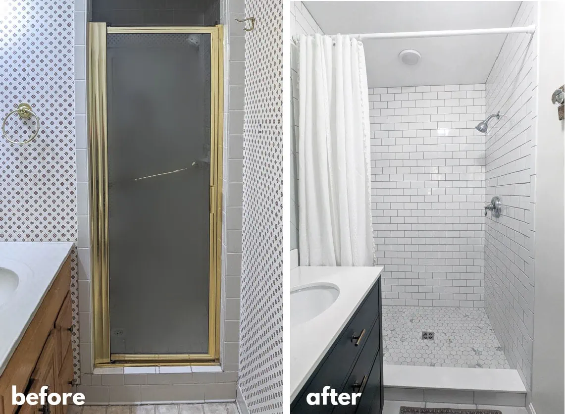closed in shower with small glass door before and large, open tile shower after.