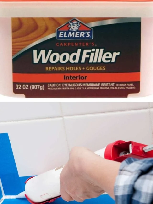 collage of wood filler and caulk gun