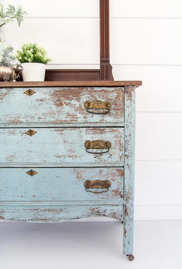 dresser painted with milk paint, sealed with General Finishes Flat out Flat.