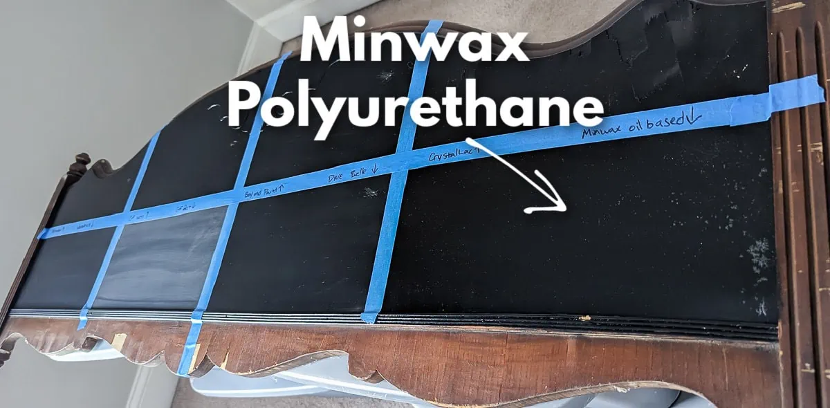 footboard with arrow pointing to section with crystals in the finish where minwax polyurethane was applied.