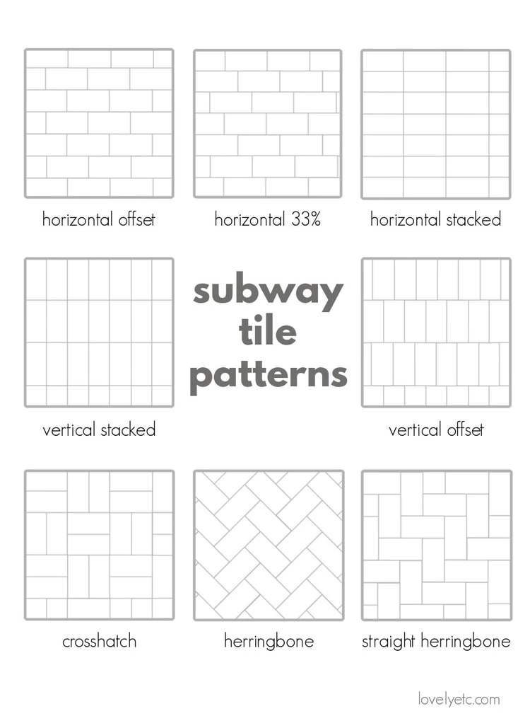 classic subway tile patterns including horizontal offset, horizontal 33%, horizontal stacked, vertical stacked, vertical offset, crosshatch, herringbone, and straight herringbone.
