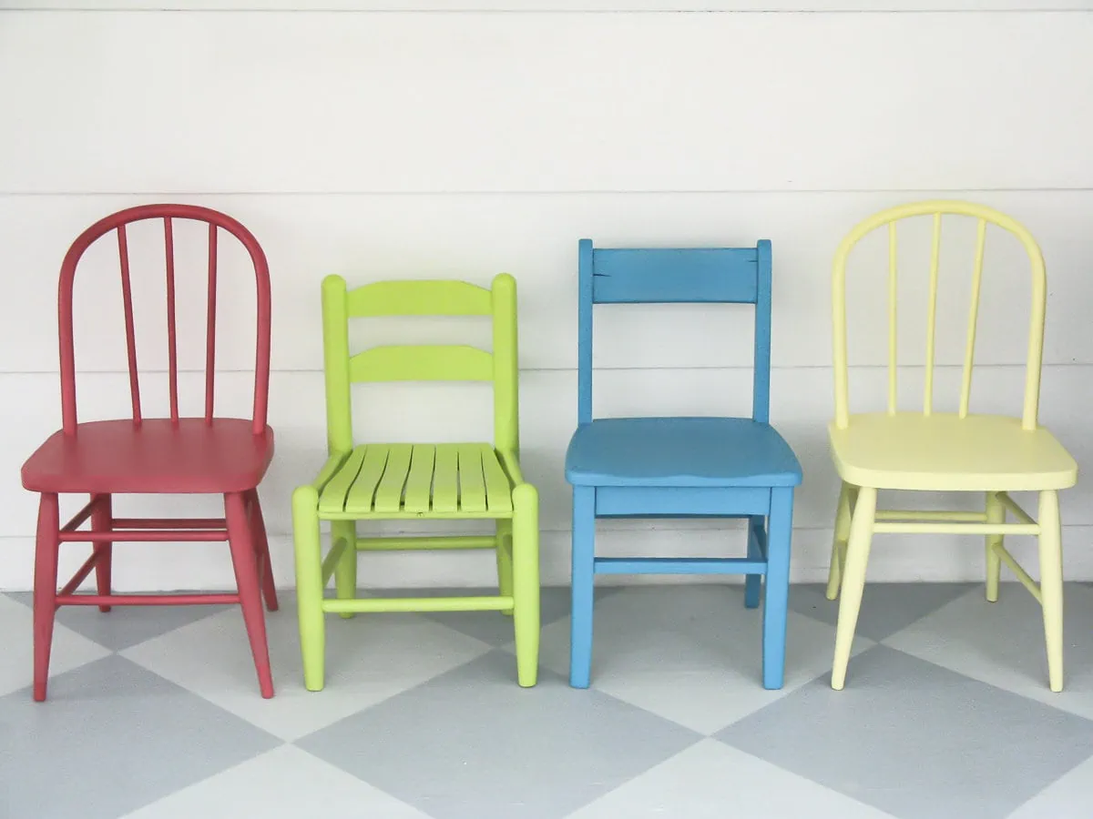 four colorful kids chairs sealed with Minwax polycrylic.