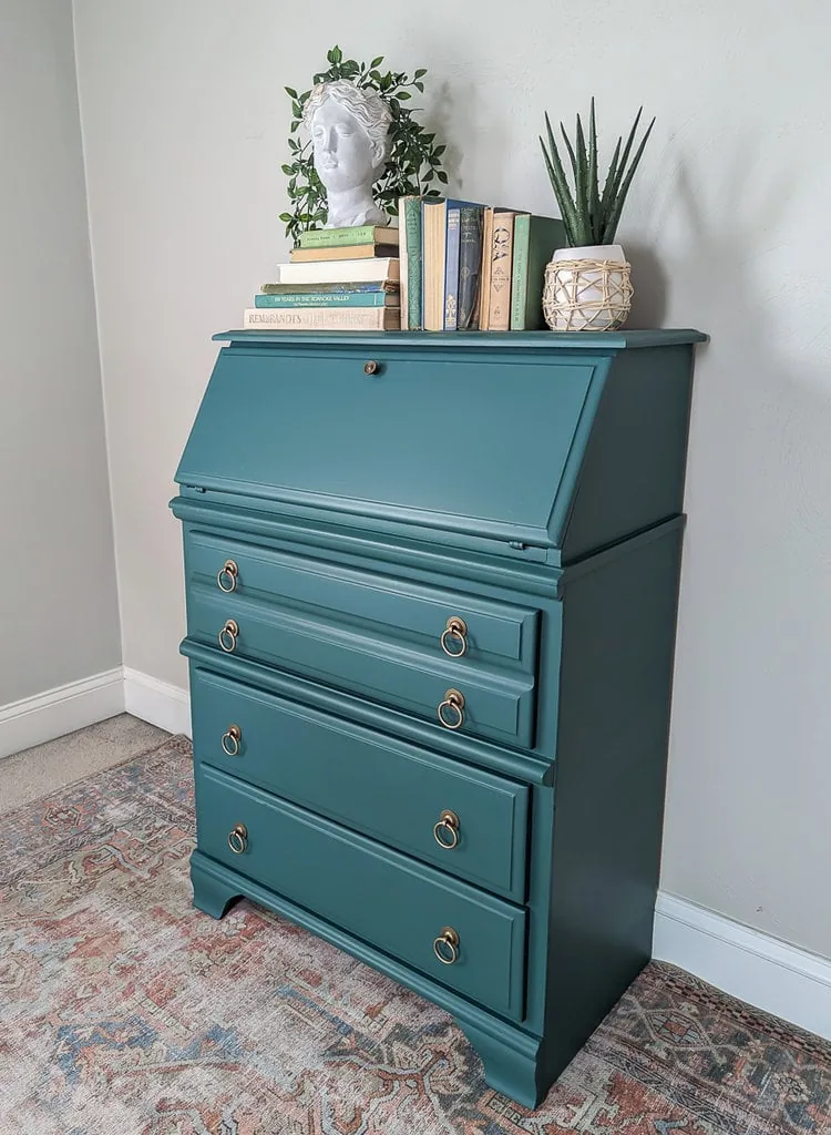 green chest sealed with varathane water-based polyurethane.