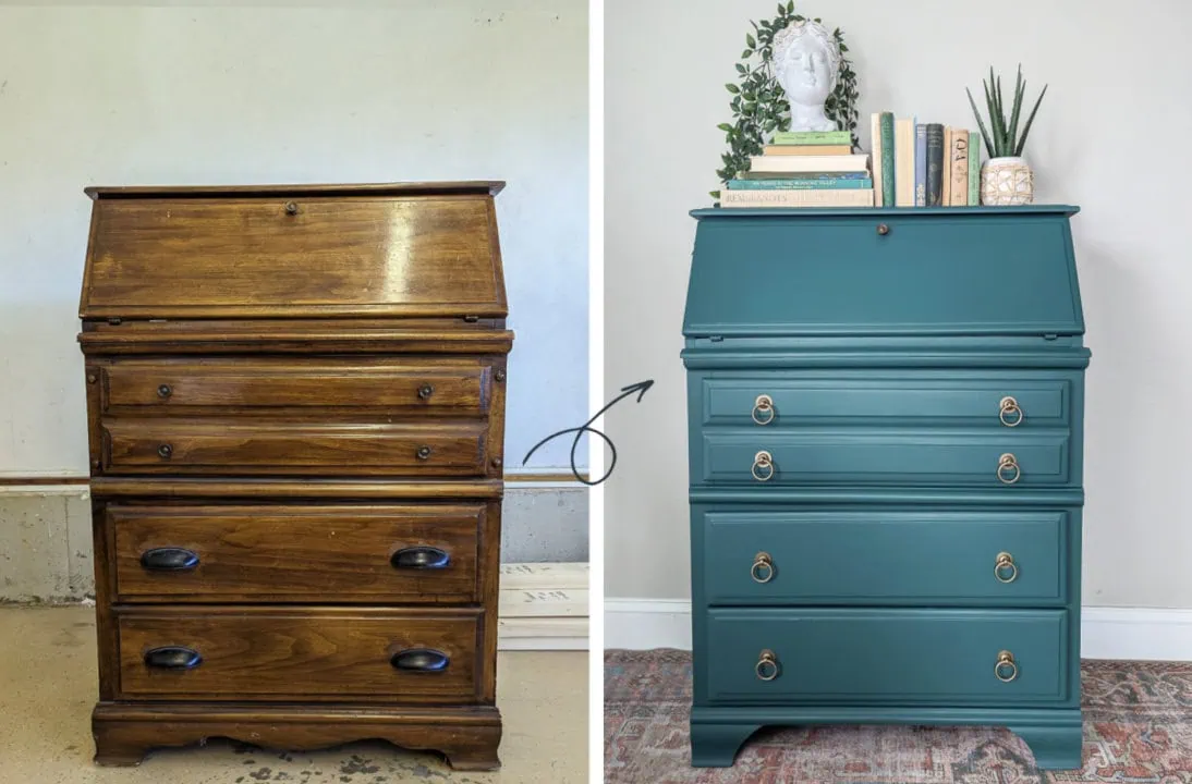 before and after of painted secretary desk.
