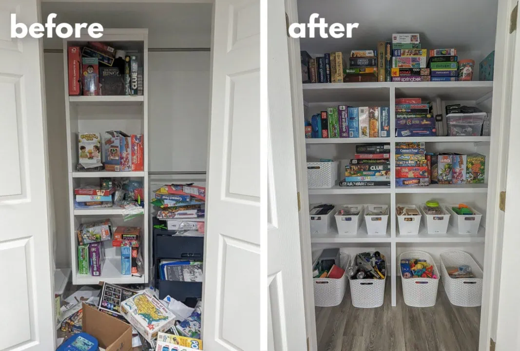 game closet before and after closet shelves.