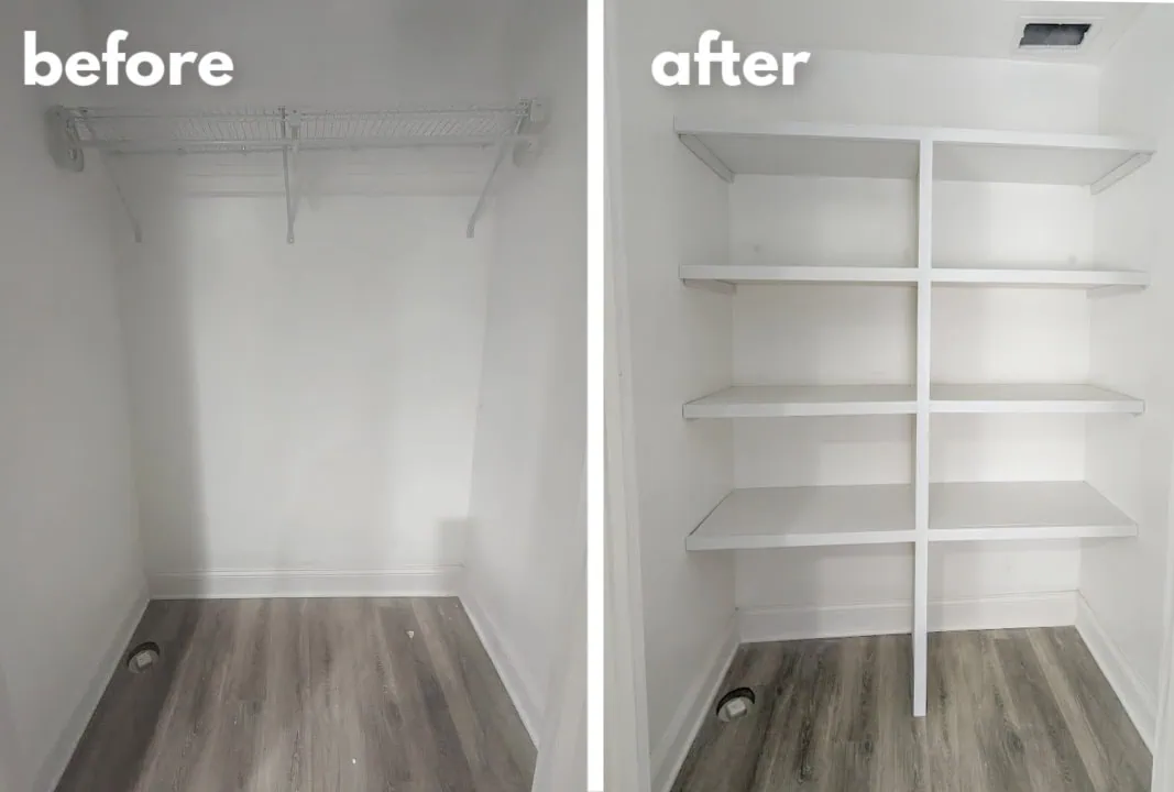 empty closet before and after shelves were added.