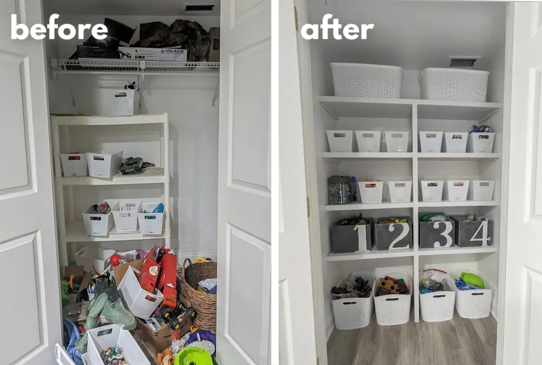 toy closet before and after closet shelves.