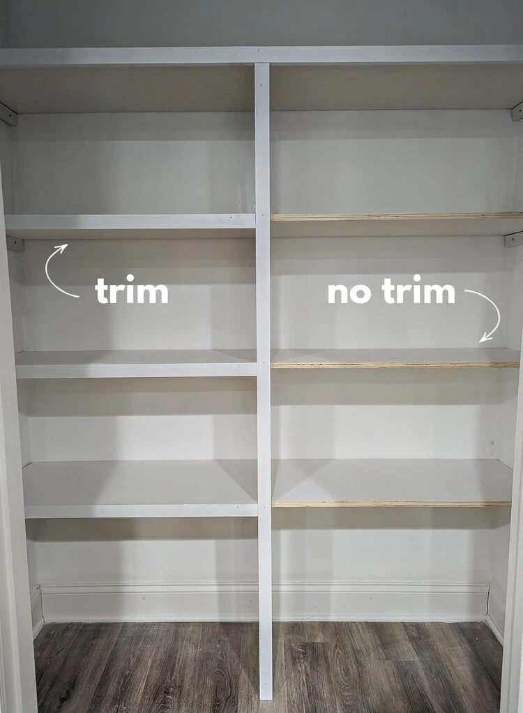 closet shelves that have half the trim attached.