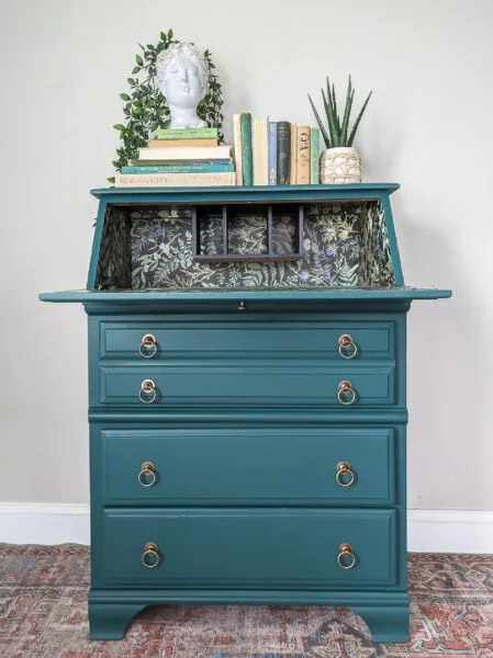 Stunning Secretary Desk Makeover with Bold Paint and Wallpaper