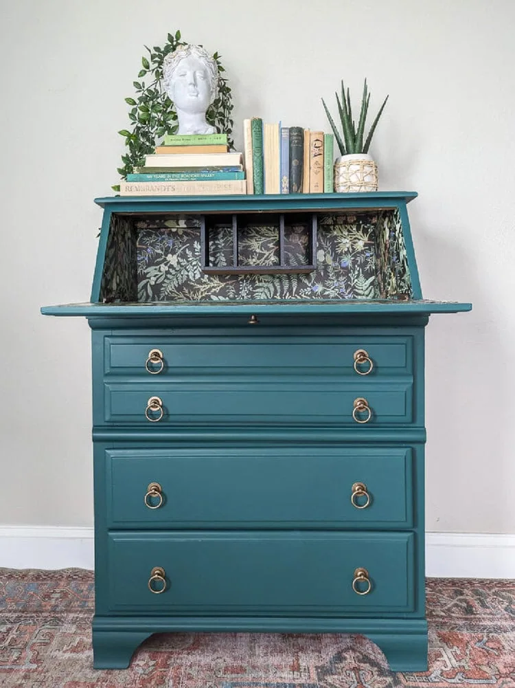 Stunning Secretary Desk Makeover with Bold Paint and Wallpaper