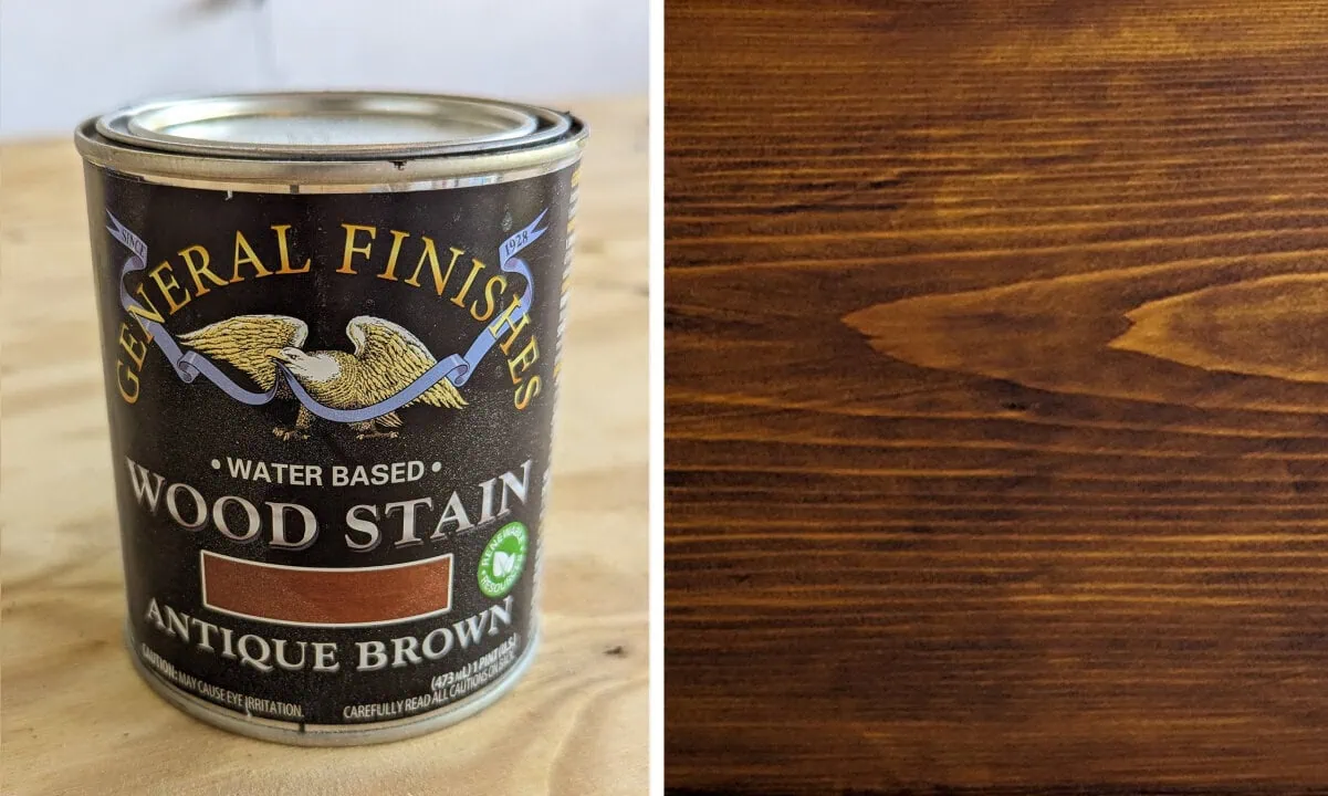 pine board stained with General finishes water-based stain in antique brown.