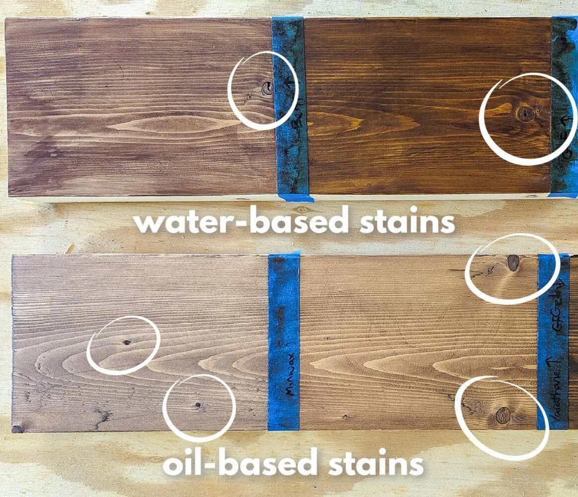 comparison of knots in pine after being stained with oil-based stain and water-based stain.