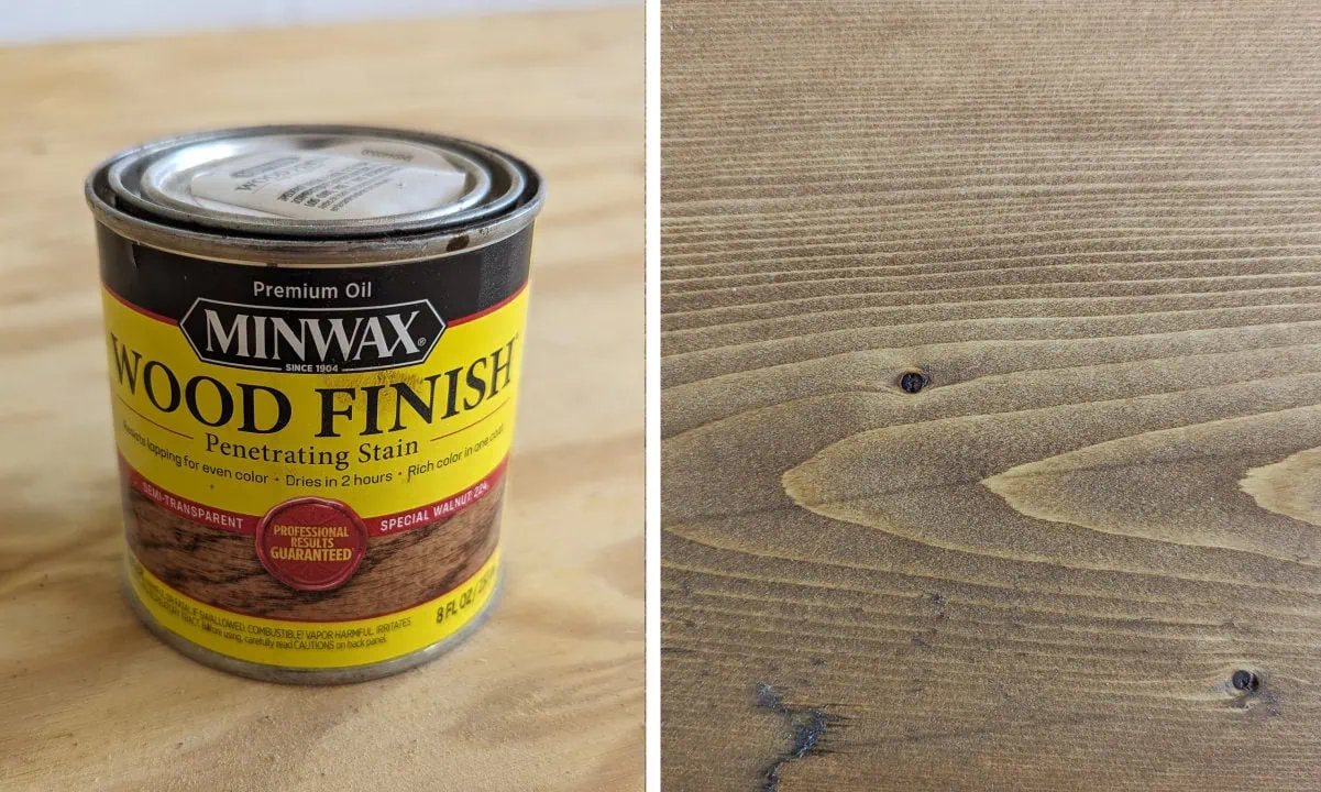 pine board stained with Minwax penetrating stain in special walnut.