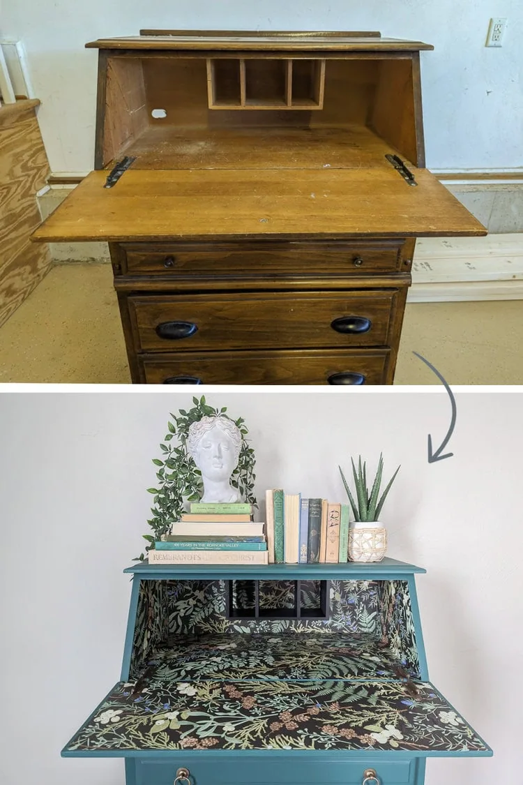 before and after of secretary desk opened.