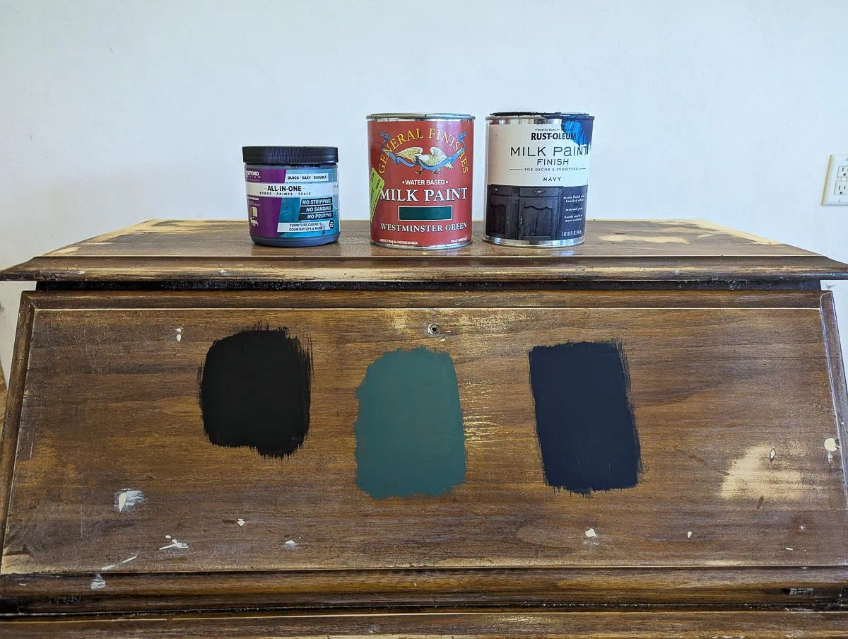 three different paints tested on the secretary desk.