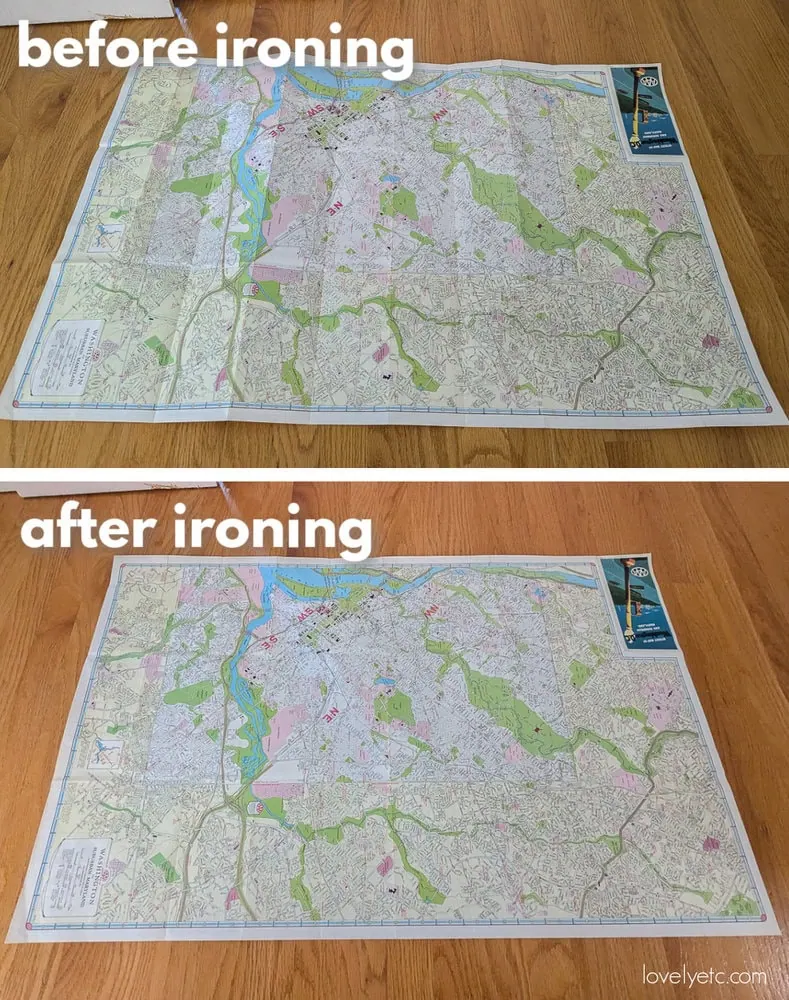 old map before and after ironing.
