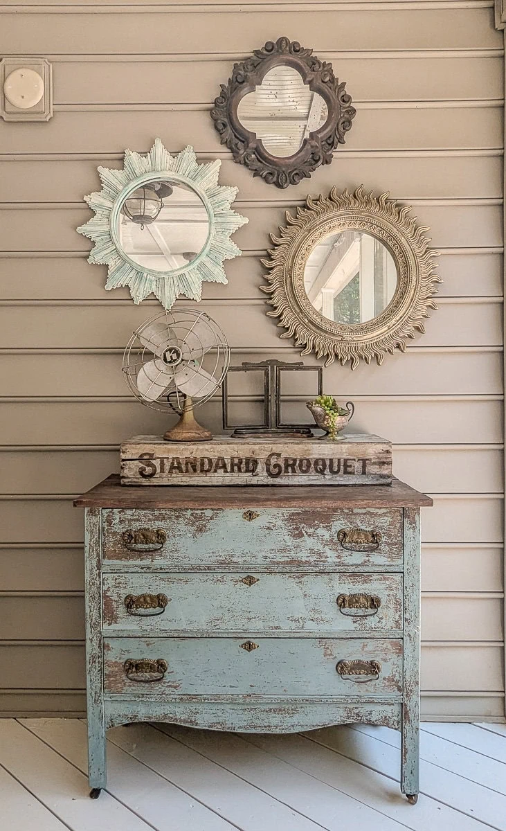 mirrors above dresser on back porch