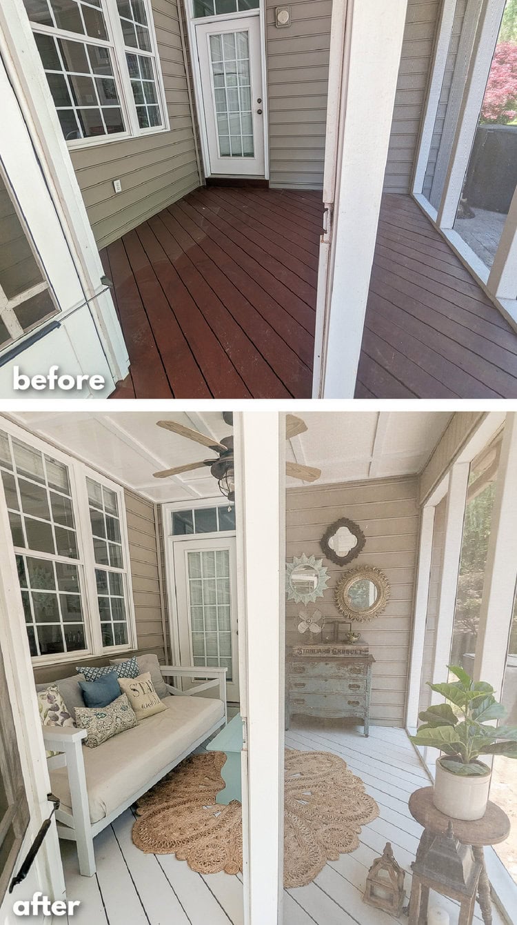 Cozy Back Porch Makeover full of Vintage Finds and DIY Decor