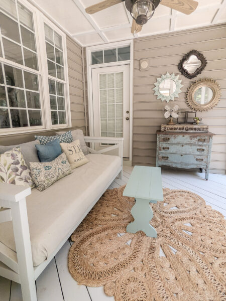 Cozy Back Porch Makeover full of Vintage Finds and DIY Decor