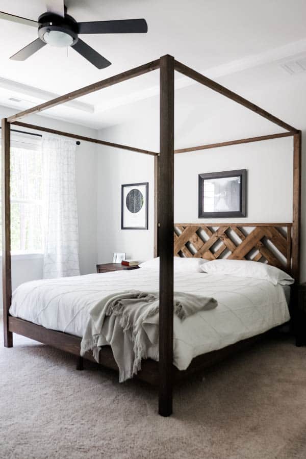 diy canopy bed with geometric headboard.