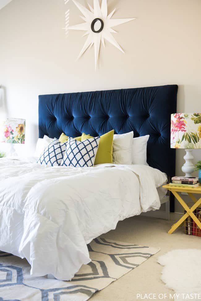 blue tufted velvet headboard