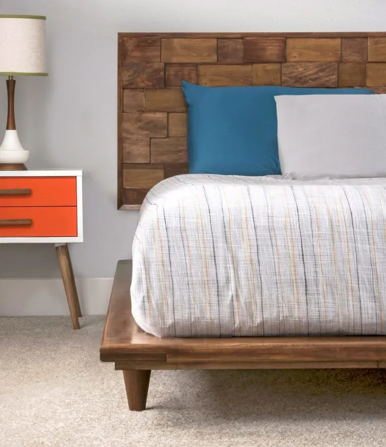 diy headboard made from wood blocks.