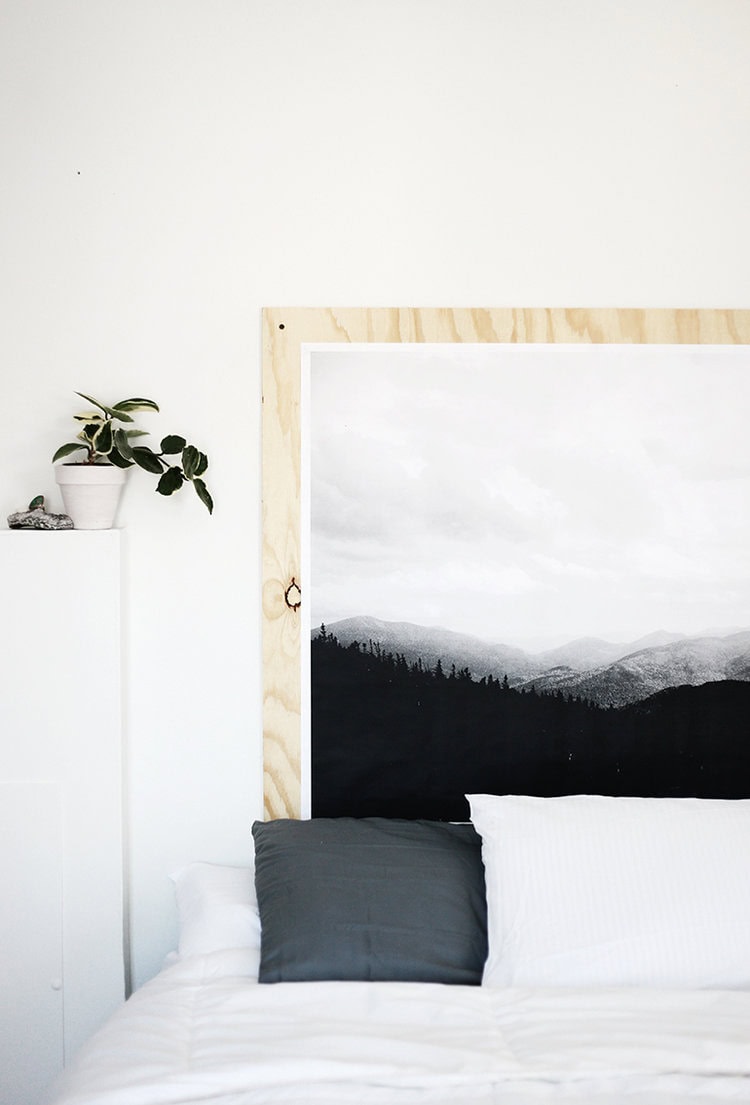 plywood headboard with engineering print.