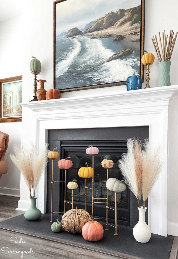 thrifted fireplace fall decor