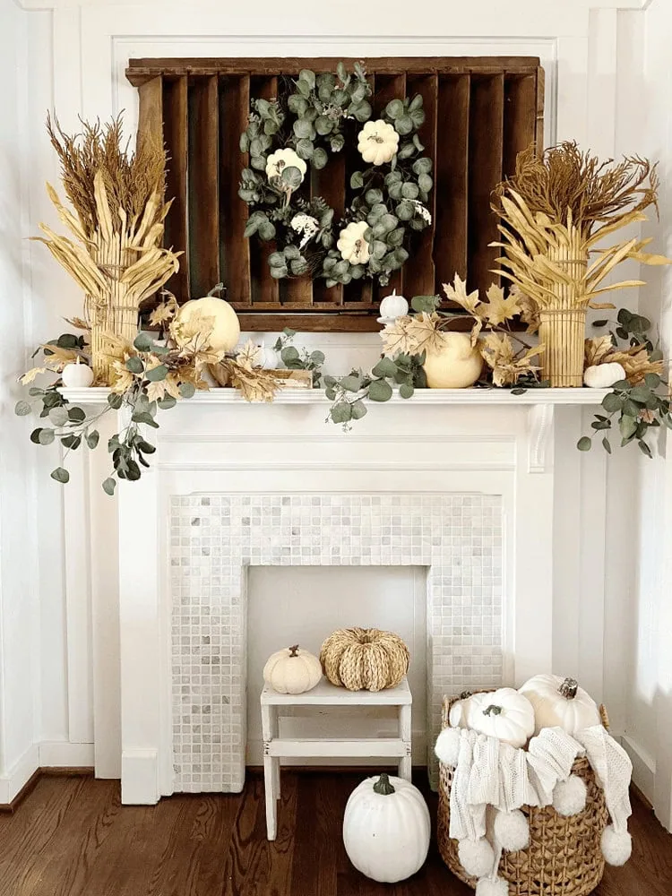neutral fall mantel with eucalyptus wreath