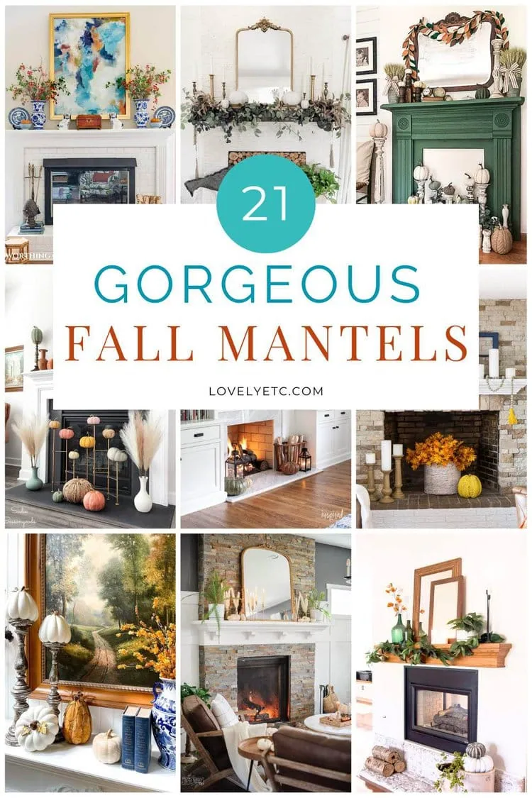 collage with 9 fireplace mantels decorated for fall with text overlay