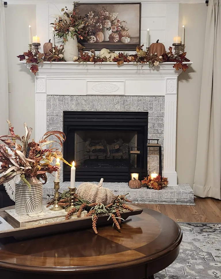 deep autumn colors on fall mantel