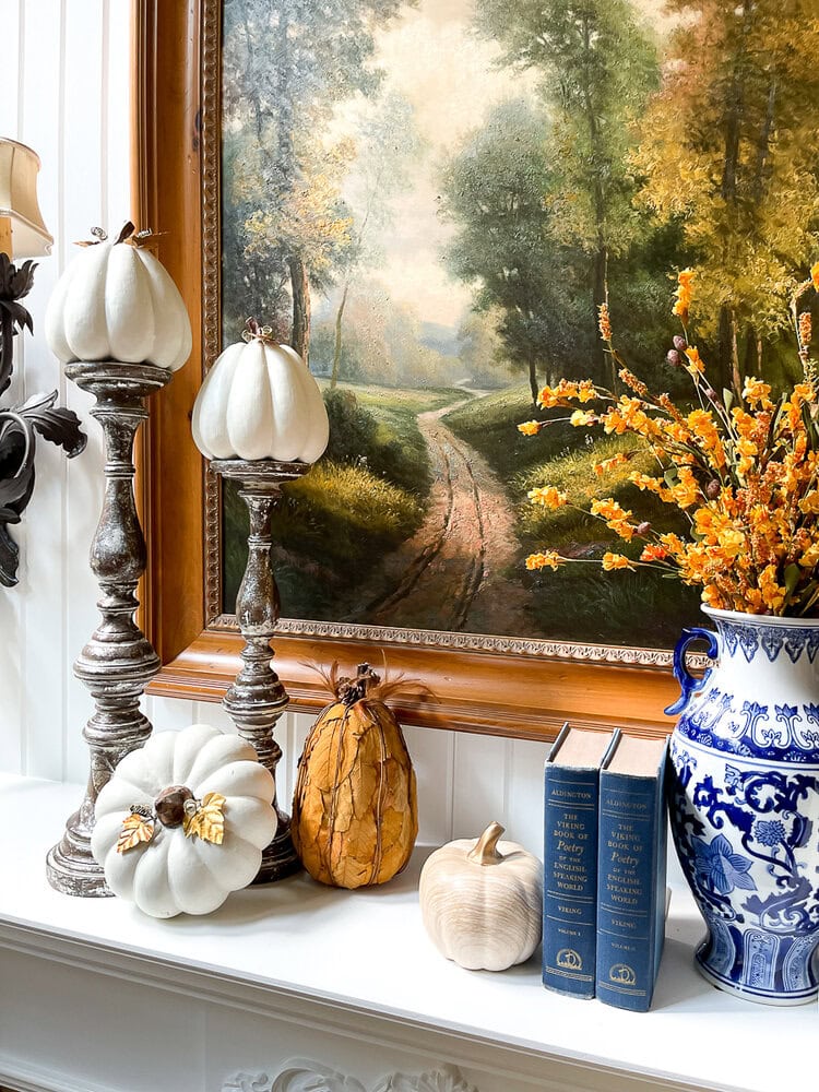 fall mantel display with chinoiserie