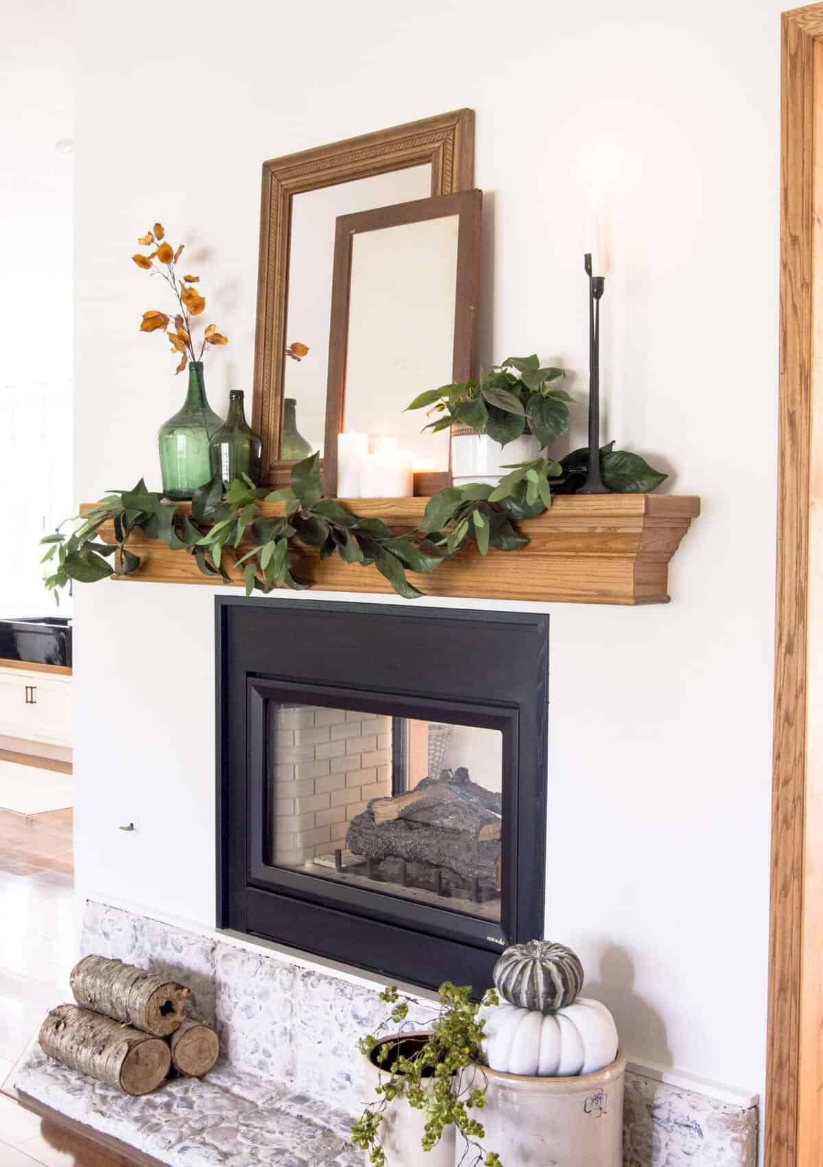 nature inspired fall mantel
